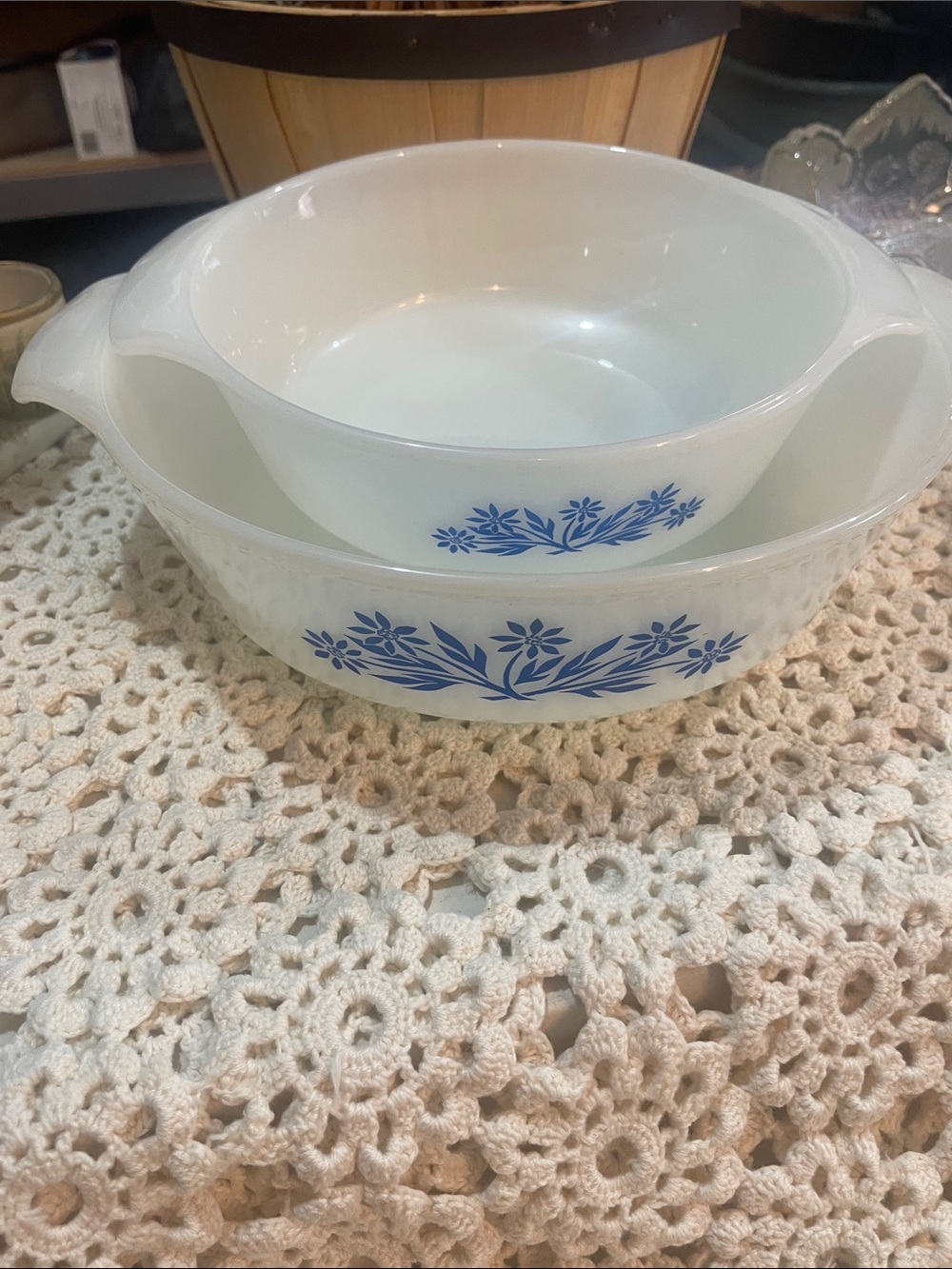 Fire King White Milk Glass Mixing Bowls with Blue Floral Bands